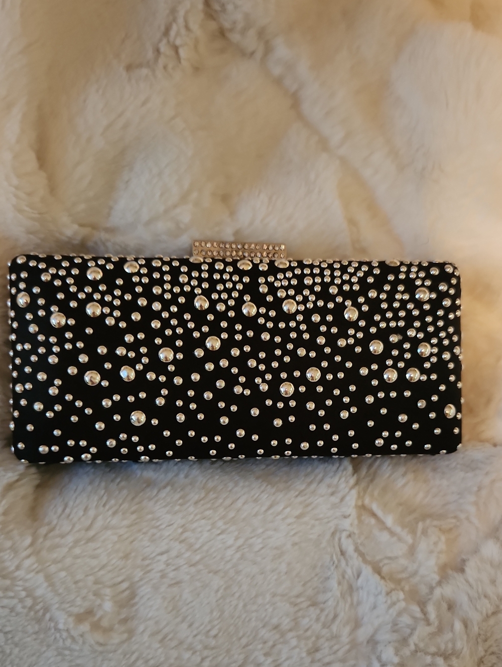 Black Silver-Embellished Evening Clutch With Rhinestone Clasp